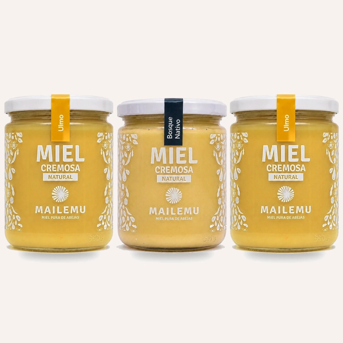 Pack 2 miel de Ulmo y 1 miel de Bosque Nativo 550grs Mailemu